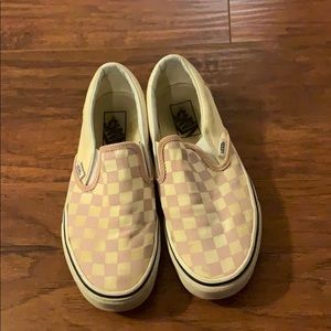 pink checkered slip on vans